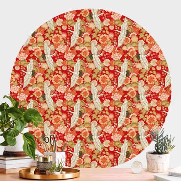Runde Tapete selbstklebend - Kraniche und Chrysanthemen Rot