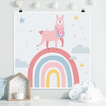 Poster - Lama auf Regenbogen mit Sternen und Pünktchen - Quadrat 1:1