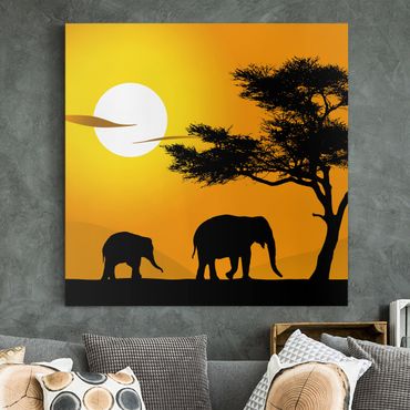 Afrika Leinwandbild African Elefant Walk - Gelb, Schwarz, Quadrat 1:1