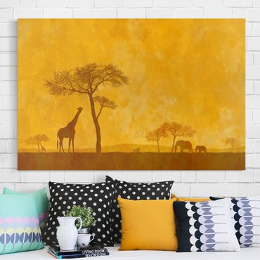 Afrika Leinwandbild Amazing Kenya - Giraffe, Elefanten, Gelb, Quer 3:2