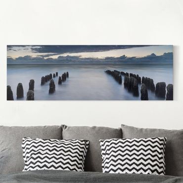 Leinwandbild - Holzbuhnen in der Nordsee auf Sylt - Panorama Quer