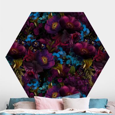 Hexagon Mustertapete selbstklebend - Lila Blüten mit Blauen Blumen