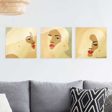Glasbild mehrteilig - Line Art Portrait Frauen Pastell Set 3-teilig