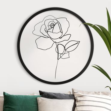 Rundes Gerahmtes Bild - Line Art Rose Schwarz Weiß