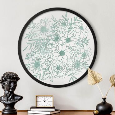 Rundes Gerahmtes Bild - Lineart Blumen in Metallic Grün