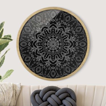 Rundes Gerahmtes Bild - Mandala Blüte Muster silber schwarz