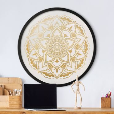 Rundes Gerahmtes Bild - Mandala Blume gold weiß