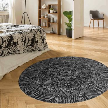 Runder Vinyl-Teppich - Mandala Stern Muster silber schwarz