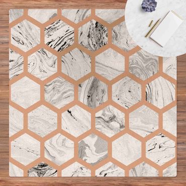Kork-Teppich - Marmor Hexagone in Graustufen - Quadrat 1:1