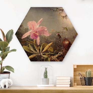 Hexagon-Holzbild - Martin Johnson Heade - Orchidee und drei Kolibris