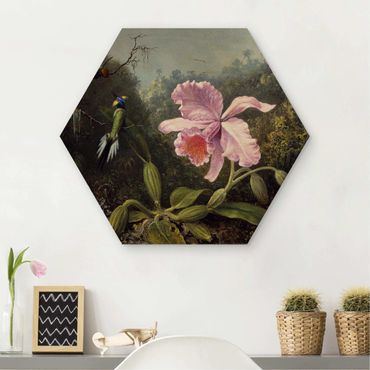 Hexagon-Holzbild - Martin Johnson Heade - Stillleben mit Orchidee und zwei Kolibris