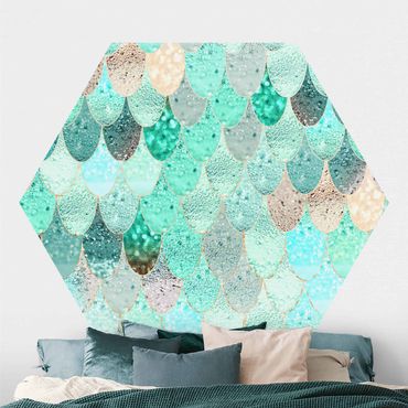 Hexagon Mustertapete selbstklebend - Meerjungfrauen Magie in Mint