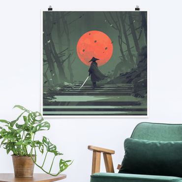 Poster - Ninja im roten Mondschein - Quadrat 1:1