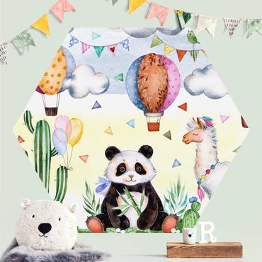 Hexagon Mustertapete selbstklebend - Panda und Lama Aquarell
