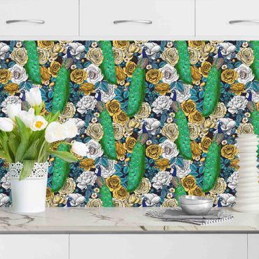 Küchenrückwand - Pfau mit Blüten