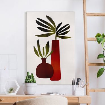 Leinwandbild - Pflanzen in roten Vasen - Hochformat 2:3
