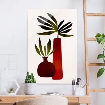 Glasbild - Pflanzen in roten Vasen - Hochformat 2:3