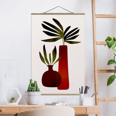 Stoffbild mit Posterleisten - Pflanzen in roten Vasen - Hochformat
