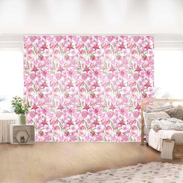 Schiebegardinen Set - Pinke Blumen mit Schmetterlingen - Flächenvorhang