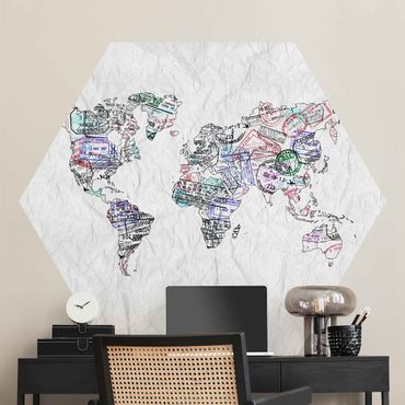Hexagon Mustertapete selbstklebend - Reisepass Stempel Weltkarte