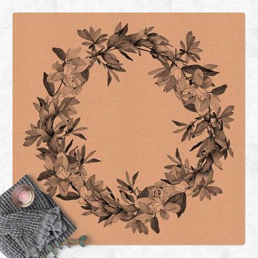 Kork-Teppich - Romantischer Blütenkranz Grau - Quadrat 1:1