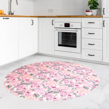 Runder Vinyl-Teppich - Rosa Blütentraum Pastell Rosen in Aquarell