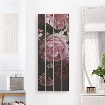 Wandgarderobe Holzpalette - Rosa Blumen auf Schwarz Vintage
