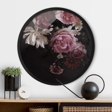Rundes Gerahmtes Bild - Rosa Blumen auf Schwarz Vintage