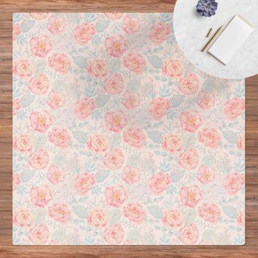 Kork-Teppich - Rosa Blumen mit Hellblauen Blättern - Quadrat 1:1