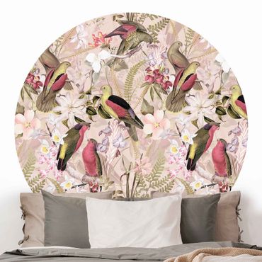 Runde Tapete selbstklebend - Rosa Pastell Vögel mit Blumen