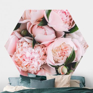 Hexagon Mustertapete selbstklebend - Rosa Pfingstrosen mit Blättern