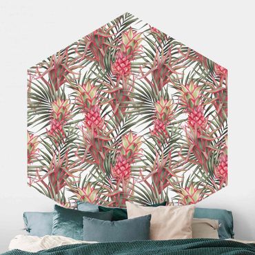Hexagon Mustertapete selbstklebend - Rote Ananas mit Palmenblättern Tropisch
