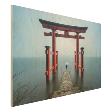 Holzbild - Rotes Torii am Ashi-See - Querformat