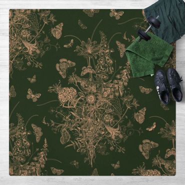 Kork-Teppich - Schmetterlinge um Blumeninsel vor Grüngrau - Quadrat 1:1