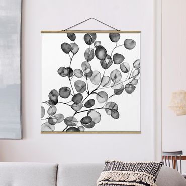 Stoffbild mit Posterleisten - Schwarz Weiß Aquarell Eukalyptuszweig - Quadrat 1:1