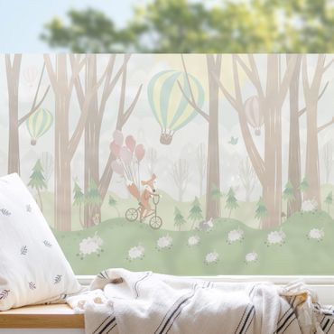 Fensterfolie - Sichtschutz - Sonne mit Bäumen und Heißluftballons - Fensterbilder