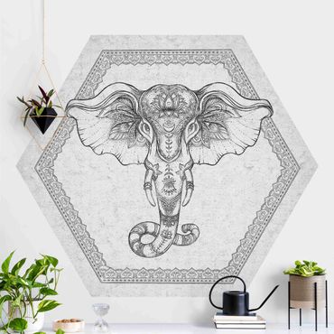 Hexagon Mustertapete selbstklebend - Spiritueller Elefant in Betonoptik