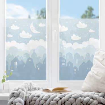 Fensterfolie - Sichtschutz - Sternenhimmel mit Häusern und Mond in blau - Fensterbilder
