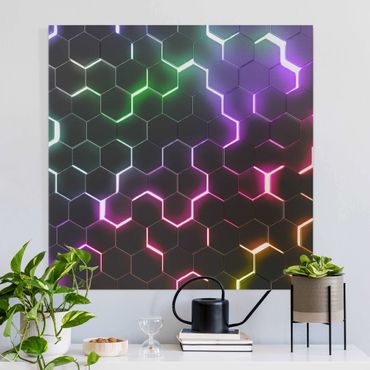 Leinwandbild - Strukturierte Hexagone mit Neonlicht - Quadrat - 1:1