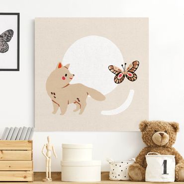Leinwandbild Natur - Süße Tierillustration - Katze und Schmetterling - Quadrat 1:1