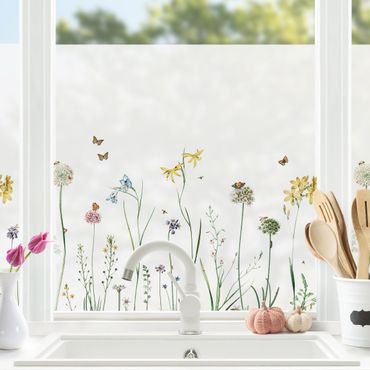 Fensterfolie - Sichtschutz - Tanzende Schmetterlinge auf Wildblumen - Fensterbilder