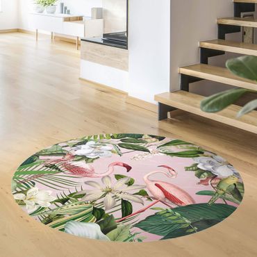 Runder Vinyl-Teppich - Tropische Flamingos mit Pflanzen in Rosa