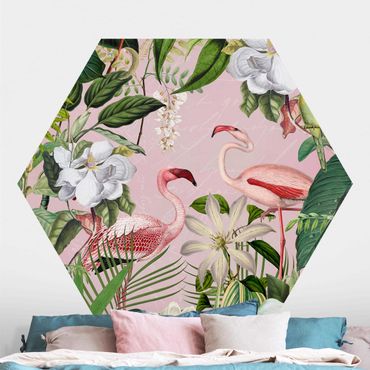 Hexagon Mustertapete selbstklebend - Tropische Flamingos mit Pflanzen in Rosa