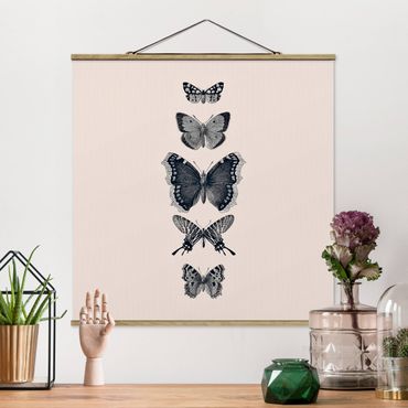 Stoffbild mit Posterleisten - Tusche Schmetterlinge auf Beige - Quadrat 1:1