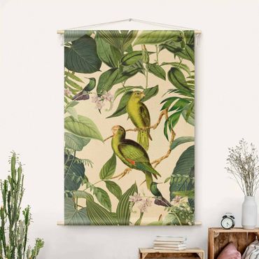 Wandteppich - Vintage Collage - Papageien im Dschungel - Hochformat 2:3
