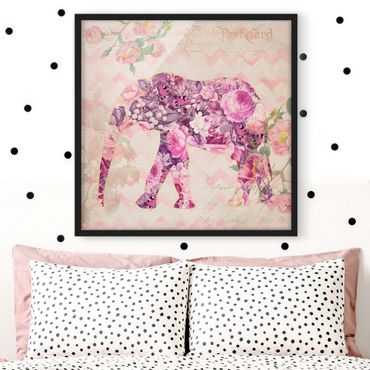 Bild mit Rahmen - Vintage Collage - Rosa Blüten Elefant - Quadrat 1:1
