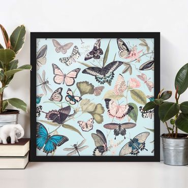 Bild mit Rahmen - Vintage Collage - Schmetterlinge und Libellen - Quadrat 1:1