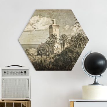 Hexagon-Alu-Dibond Bild - Vintage Postkarte mit Leuchtturm und Palmen