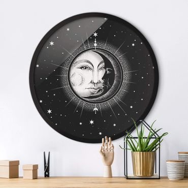 Rundes Gerahmtes Bild - Vintage Sonne und Mond Illustration