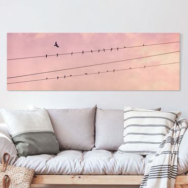 Leinwandbild - Vögel auf der Stromleitung - Panorama 3:1
